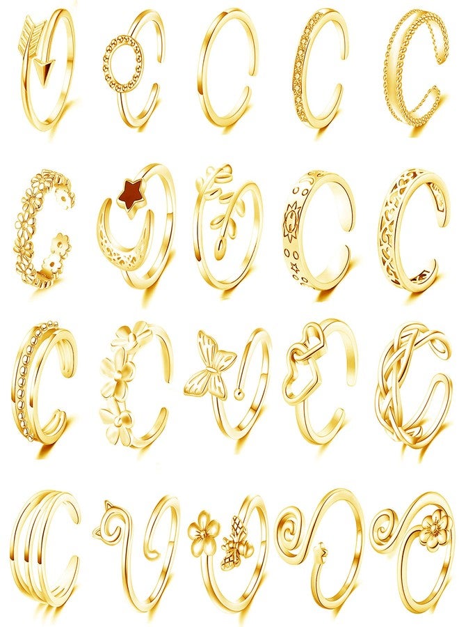 Staligue 20pcs Adjustable Toe Rings Set for Women Fingers Joint Tail Summer Beach Arrow Flower Open Rings Foot Jewelry (Golden) - Image 1